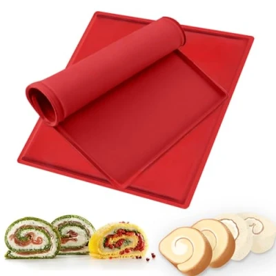 Bild av Bakmatta i silikon, 2 stycken non stick belagda bakplåt, rullmatta, stor rulle, kakmatta, halkfri Swiss Roll kex bakform för matlagning, bakning, (röd)