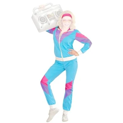 Bild av COM FOUR® Autentisk 80 talsdräkt för män och kvinnor jacka, byxor, pannband, 2 svettband snygg klänning, karneval, JGA, temafest unisex, storlek XL