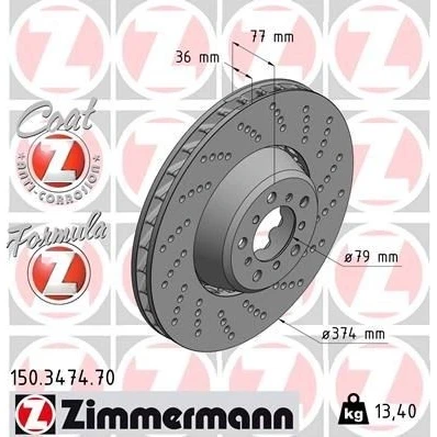 Bild av ZIMMERMANN FORMULA Z COAT 150.3474.70 disque de frein 374 36 10/5 5 120 ventilé, troué, en deux parties revêtu allié/carbonisé