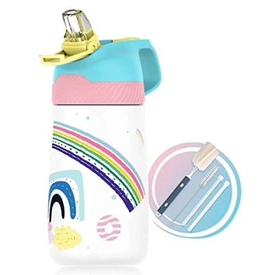 Bild av FJbottle 350 ml drickflaska för barn i rostfritt stål, isolerad vattenflaska, BPA fri termosflaska, barnflaska med sugrör, lätt mönstrad