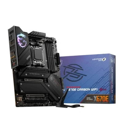 Bild av MSI MPG X670E Carbon WiFi moderkort, ATX stöder AMD Ryzen 7000 seriens processorer, AM5 18 Duet Rail 90A Power Stage, DDR5 Memory Boost 6600+MHz/OC, 2 x PCIe 5.0 x16, M.2 Gen5, Wi Fi 6E