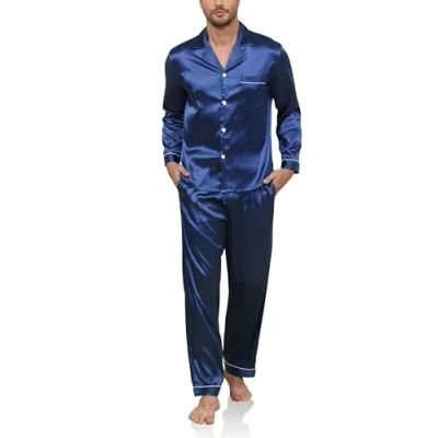 Bild av Reliwel Pyjamas, herr, lång satin, pyjamas set, tvådelad, långärmad, knappslå hemmadräkt och pyjamasbyxor, sidenpyjamas, nattkläder, män, hemmakläder, sovkläder, loungewear, Marinblå, L