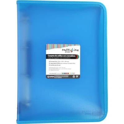 Bild av Grafoplás Ringpärm med A4+ dragkedja Ljusblå Multiline 4 x 25 mm blandade ringar Vertikalt randigt polypropylenskydd Extra kapacitet för pappersark i folioformat