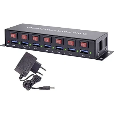 Bild av Renkforce RF 3269622 7 Port USB Hub 3.0 Metallhölje, individuellt omkopplingsbara, väggfäste Svart