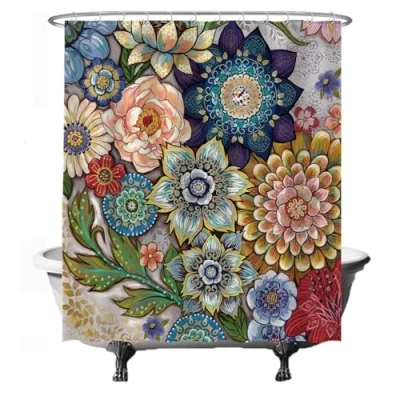 Bild av Ulticool duschdraperi, färgglada blommor, naturkonst, 180 x 200 cm, tvättbart, anti mögel, vattentätt, med 12 ringar, röd, grön, blå, brun, gul