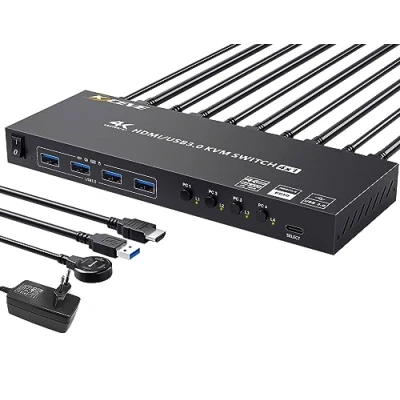 Bild av USB 3.0 KVM switch HDMI 4 portar, 4K@60Hz Simulering EDID PC 1 skärmar, 2.0 switches Dela enheter Trådlös mus Tangentbordsskrivare, Wired Remotel och 5 kablar