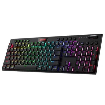 Bild av Redragon K618 Horus trådlöst RGB mekaniskt tangentbord, Bluetooth/2,4 Ghz/trådbundet Tri Mode ultratunn speltangentbord med låg profil sladdlös anslutning, dedikerad mediakontroll och taktil blå