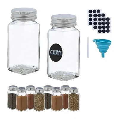 Bild av Relaxdays kryddburkar set om 10 st, ströinsats, glas, 120 ml, inklusive etiketter, penna och tratt, transparent