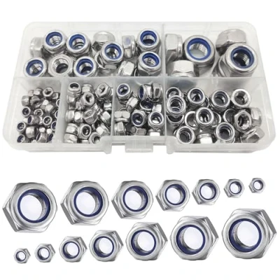 Bild av WeqeYent 150 stycken M12/M10/M8/M6/M5/M4/M3 hexagonlås muttrar rostfritt stål nylon insättning lås mutter sortiment gänginsatser sexkantsmuttrar set olika säkerhetsmuttrar (silver)