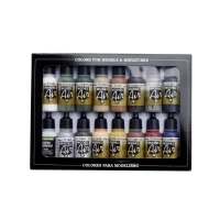 Bild av Vallejo 71191 Modelljärnvägsfärg Vit, Gunship grey (matt), Mörkgrön, Sand, Brun, Havsgrått ljus (matt) , Svart, Aluminium, Galler, Beige, Guldgul, Eldröd, Himmelblått