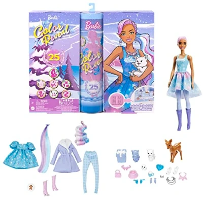 Bild av Barbie Color Reveal adventskalender, 1 docka och 3 husdjur, kläder, accessoarer 2 hårförlängningar, 25 överraskningar, julklappar till barn, HJD60