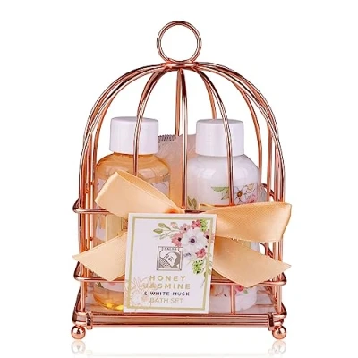 Bild av Accentra duschset dampresentset HONEY JASMINE i en vacker trådkorg 3 delat vårdset med duschgel, bodylotion och badsvamp wellnesspresentset för födelsedagar &amp; Alla hjärtans dag