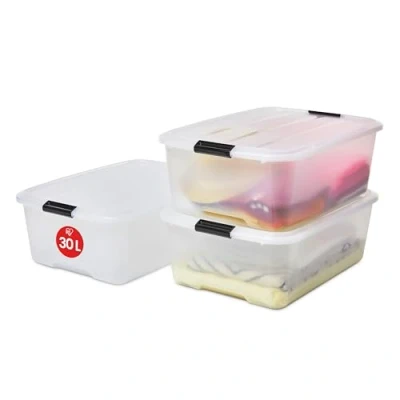 Bild av Iris Ohyama, PlastFörvaringsLådor med lock och stängningsklämmor, 30L, Set 3, Integrerade handtag, Stapelbar, BPA fri, Sovrum, Kontor, Vardagsrum, TB 30, Klar