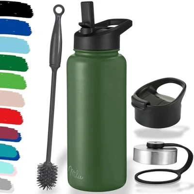 Bild av Milu termosflaska i rostfritt stål, 500 ml, 750 1 000 ml 3 lock med sugrör, isolerad vattenflaska, läckagesäker isoleringsflaska, dubbelväggig, lämplig för kolsyra (olivgrön,