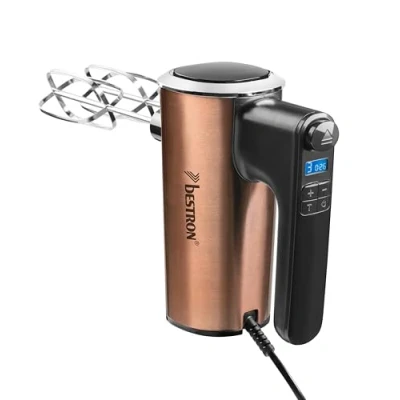 Bild av Bestron Elektrisk mixer för kök, kraftfull handmixer med 6 hastigheter, turbofunktion och LCD skärm, levereras 2 vispar degkrokar, lätt vikt 1 kg, färg: Koppar