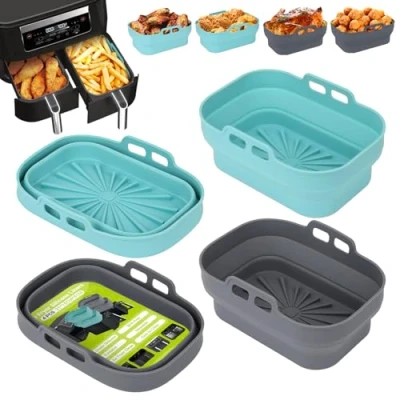 Bild av Alyvisun Silikonform för Luftfritös, 4 Stycken Silikongrytor Airfryer Återanvändbara Silikonfoder Luftfritöskorg Rektangulär Vikbar Silikonbakform Air Fryer, Mikrovågsugn, Ugn (Blå+Grå)