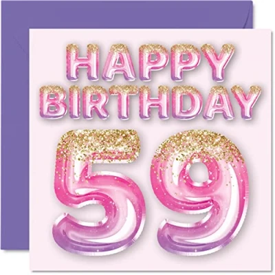 Bild av 59:e födelsedagskort för kvinnor rosa och lila glitterballonger grattis på 59 årig kvinna mamma barnflicka mormor farmor moster, 145 mm x femtio nionde födelsedag gratulationskort present