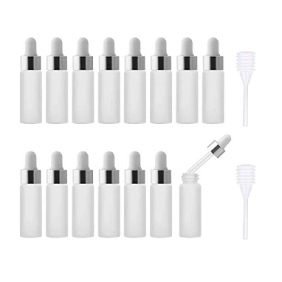 Bild av Enslz 15 st 5 ml mini tom frostad eterisk olja glas pipettflaska återanvändbara flaskor flaska näsolja droppare påfyllningsbar med metallskruv munlock och gummilampa (5 ml, silver)