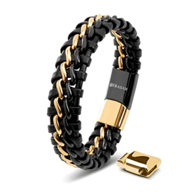 Bild av SERASAR Läderarmband för Män 23cm Flätat Svart/Guld Armband Pojkarmband Hanarmband Smyckepresentidé Jubileumspresenter Present till Make, Pojkvän