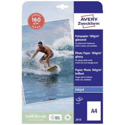 Bild av AVERY Zweckform 2415 Classic Inkjet fotopapper (40 ark, 160 g/m², DIN A4 papper, belagd på ena sidan, glänsande, vit, för att skriva ut foton bläckstråleskrivare, torkar omedelbart)