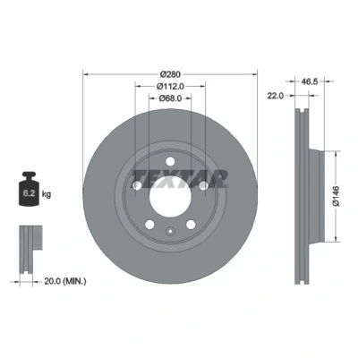 Bild av TEXTAR 92083500 Disque de frein 280 22 05/06 112 ventilé l&#039;intérieur sans boulon fix roue, moyeu roue AUDI: A4 B7 Avant