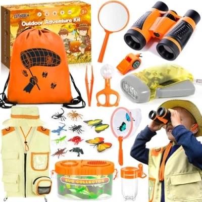 Bild av CIANBIFN utforskningsset för barn, utforskningsleksak med vest, hatt och barnbinokulärer, bra utomhuscampingleksak pojkar flickor, orange