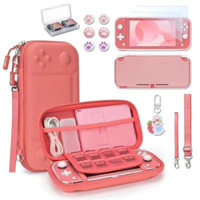 Bild av Younik Switch Lite Case, 14 in 1 Accessories Pack with Carrying Clear Protective Playing Card 2 Screen Protectors, 6 Thumb Grips, Pendant (Korall)