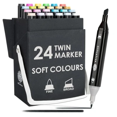 Bild av OfficeTree Twinmarkers alkoholpenna set med 24 stycken professionell teckning tuschpenna mjuka och intensiva färger Promarker för skiss, ritning, målning, layout