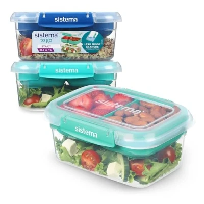Bild av Sistema TO GO Stax läckagesäker matförvaringsbehållare 1 L Lufttäta och stapelbara matbehållare med lock skollunchlådor BPA fri 3 räk, Minty Teal