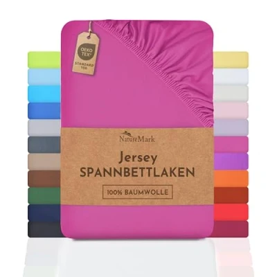 Bild av NatureMark Jersey dra på lakan, formsydda 100 % bomull i många storlekar och färger, märkeskvalitet Oeko Tex Standard 200 x 220 cm +40 tjocklek rosa