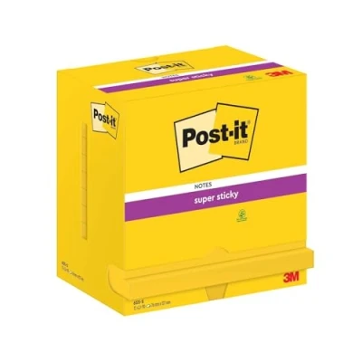 Bild av Post it Super klibbiga anteckningar, 76 mm x 127 mm, kanariegult, 12 kuddar, 90 ark per dyna