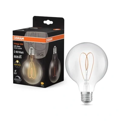 Bild av OSRAM Vintage 1906 Globe är en varmvit, dimbar LED lampa i klassisk kulform med glödtråd. Den erbjuder 7,2 W för 806 lm, E27 sockel, klarfärgat glas, 95 mm diameter, 2700 K, EEK E.