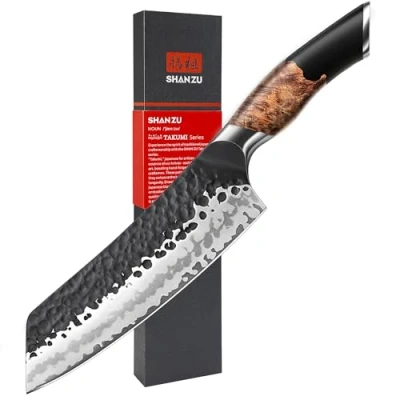 Bild av SHAN ZU Japansk Santoku kniv, 20 cm Handsmidd 7 Lager av Högkvalitativt Kolstål vass Kockkniv med Handtag i Lönnträ, Professionell Kniv Gyuto Köttkniv