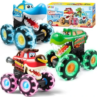 Bild av JOYIN 3 st monster lastbilsleksaker, lysande bilar, treads Lightning Wheels, leksaksbilar för pojkar och flickor från år