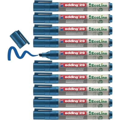 Bild av edding 29 Ecoline whiteboardmarker blå låda med 10 pennor snedskuren spets 1 5 mm torkas bort utan vatten för whiteboard, blädderblock, anslagstavla, memo tavla sketcher går att fylla på
