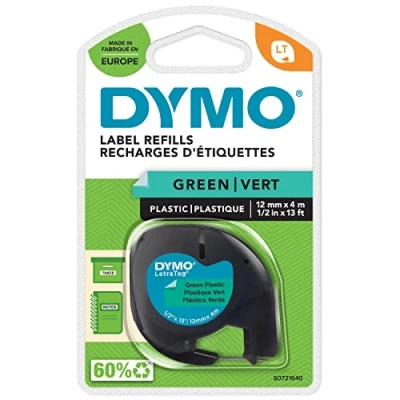 Bild av DYMO LetraTag plastetiketter Originaletiketter Rulle på 12 mm x 4 m Svart text gröna etiketter Självhäftande för flera syften etikettskrivare
