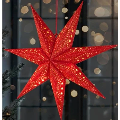 Bild av BRUBAKER Julstjärna i 3D att Hänga upp LED Pappersstjärna med Timer 60 cm Adventsstjärna Modernt Mönster Batteridriven och Upplyst Juldekoration Ljusstjärna för Fönster Röd
