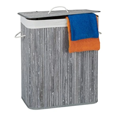 Bild av Relaxdays Bambu tvättkorg med lock, 100 L, klädbehållare, 2 fack, vikbar, rektangulär korg, badrum, grå, 63 x 52 33 cm