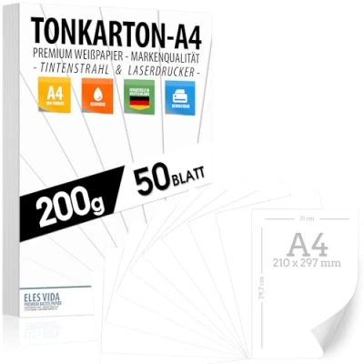 Bild av 50 ark papper 200 g/m² vit matt, premiumpapper rent vitt DIN A4 21 x 29,7 cm skrivarpapper otryckt digitalt papper, laserskrivare och bläckstråle fotopapper tryckbar tonkartong på båda sidor