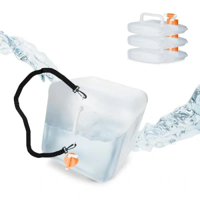 Bild av Relaxdays Vikbar vattendunk, set om 4, 20 l, vattenbehållare med kran och bärrem, BPA fri, transparent/orange