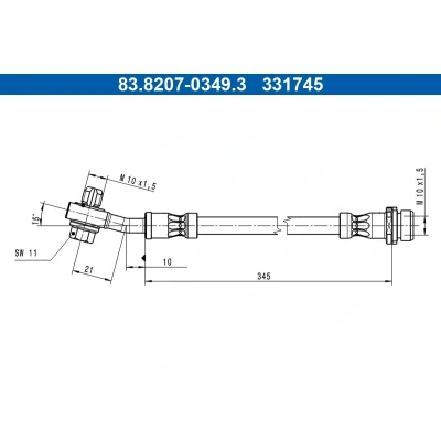 Bild av ATE 83.8207 0349.3 Bromsslang 345mm M10x1,5mm FORD: Kuga Mk3 1.5 EcoBoost, 2.5 FHEV 4x4, Duratec Plug in Hybrid