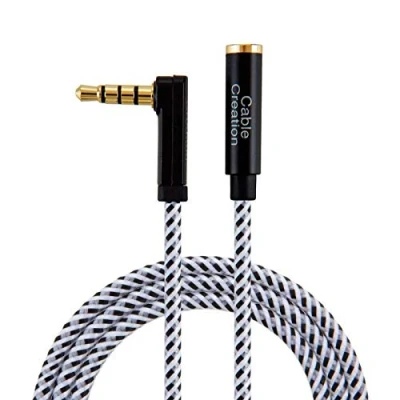 Bild av CableCreation Headset förlängning kabel 3 m, 4 polig TRRS 3,5 mm ljudförlängningskabel plugg till uttag, 90 graders högervinkel Auxiliary förlängningskabel, mikrofon kompatibel, 10 FT/svart och vit
