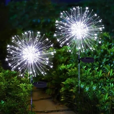 Bild av yowin Solcellslampor för trädgård, fyrverkerier, 2 pack, 120 LED soldekorationer, juldekorationer, eldfluga, trädgårdslampor, 8 lägen, alliumlampor, utomhus, vattentäta solstarburst lampor julstig