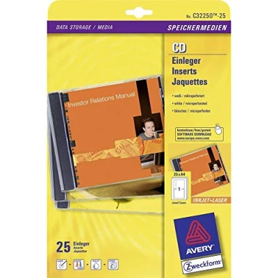 Bild av AVERY Zweckform C32250 25 CD inlägg (25 skydd, 151 x 118 mm till A4, fram och baksida för standardfodral, högkvalitativt kortmaterial, mikroperforerat, tryck) ark, vit