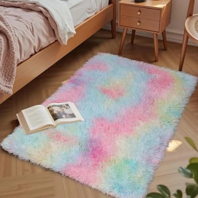 Bild av Aspire Homeware mattor vardagsrum små regnbåge 50 x 80 cm för sovrum halkfri modern supermjuk tjock lugg liten fluffig lurvig matta fäller inte