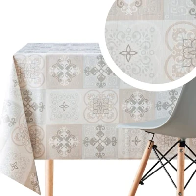 Bild av KP HOME PVC avtorkningsbar bordsduk rektangulär 200 x 140 cm/78 55 tum torkbar upp till 6 säten vattentät vinylvaxduk medelhavsmarockanskt kakelmönster i neutral beige, brungrå