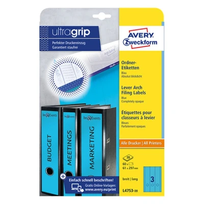 Bild av Pärmetiketter självhäftande 192 x 61mm Avery L4753 20 blå 60st