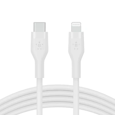 Bild av Belkin BoostCharge Flex silikon USB typ C till Lightning kabel (1 m/3,3 fot), MFi certifierad 20 W snabbladdning PD strömförsörjning för iPhone 14, 13, 12, 11, Pro, Max, Mini, SE, iPad och mer vit