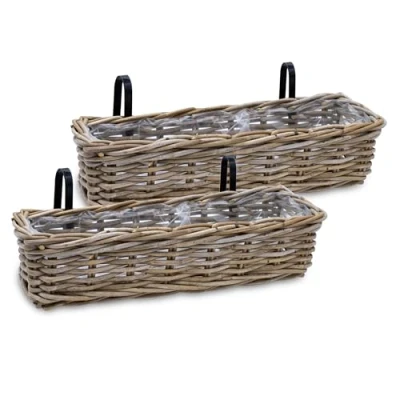 Bild av Spetebo Rotting balkonglåda natur 60 x 20 cm set om 2 pilträd planteringskorg med hållare balkong, trädgård, blomlåda, blomkruka, blomkorg för upphängning på räcket