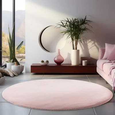 Bild av HomebyHome matta med kort lugg vardagsrum 160 cm rund rosa tvättbar för sovrum, matsal och perfekt som köksmatta fluffig extra mjuk, enfärgad, halkfri, modern